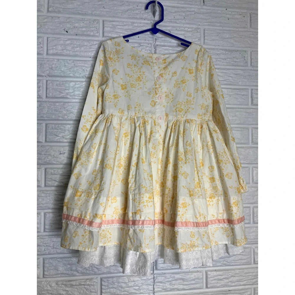 Sweet honey ivory & yellow floral dress long‎ sleeve girls size 6Y 100% cotton